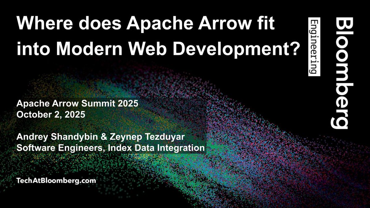 TechAtBloomberg's tweet image. At #ApacheArrow Summit 2025 in Paris today (16:10 CEST), software engineers Andrey Shandybin &amp;amp; Zeynep Tezduyar will explore how developers can use #ApacheArrow, #DuckDB &amp;amp; Perspective.js together to build high-performance, interactive web dashboards
bloom.bg/3IJDGdr
