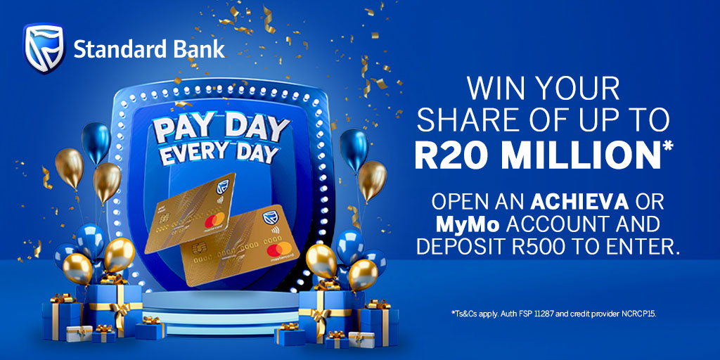 Every day is pay day with <a href="/StandardBankZA/">Standard Bank ZA</a>! 

💰Open an ACHIEVA or MyMo Account today, comment your name &amp; #SBLove💙below! We could be calling you to play for R25 000 in cash this week! 

Ts and Cs apply. Standard Bank is an authorized FSP and registered credit provider.