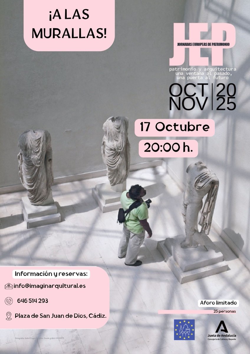 Actividad "A las murallas” en las Jornadas Europeas de Patrimonio 2025.
🗓️ #Viernes 17 de #octubre.
⏰20:00 h.
⌛Duración aproximada: 75 min.
Público general.
📍  Plaza de San Juan de Dios, Cádiz.
💰 Gratuito.
📱 Necesario dispositivo móvil.
#JEP2025 #Cádiz #Andalucía