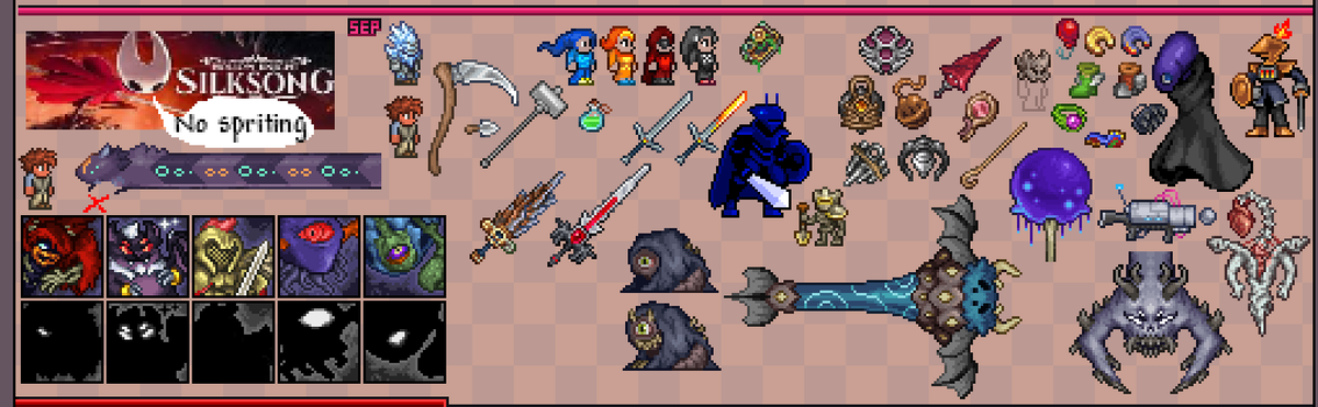 September sprites.. Gee i wonder why i didnt make a lot this month!  (#SilkSong)    also technically its (#silksongfanart #silksongart  because there are silksong items..!) #pixelart #terraria #calamitymod