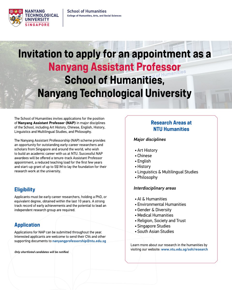 💼New PhDs/Postdocs: NTU Singapore is hiring early-career researchers in the Humanities!
📷 Fields incl. Art History, Chinese, English, History, Linguistics, Philosophy &amp;  more
📷ntu.edu.sg/soh/research/n…