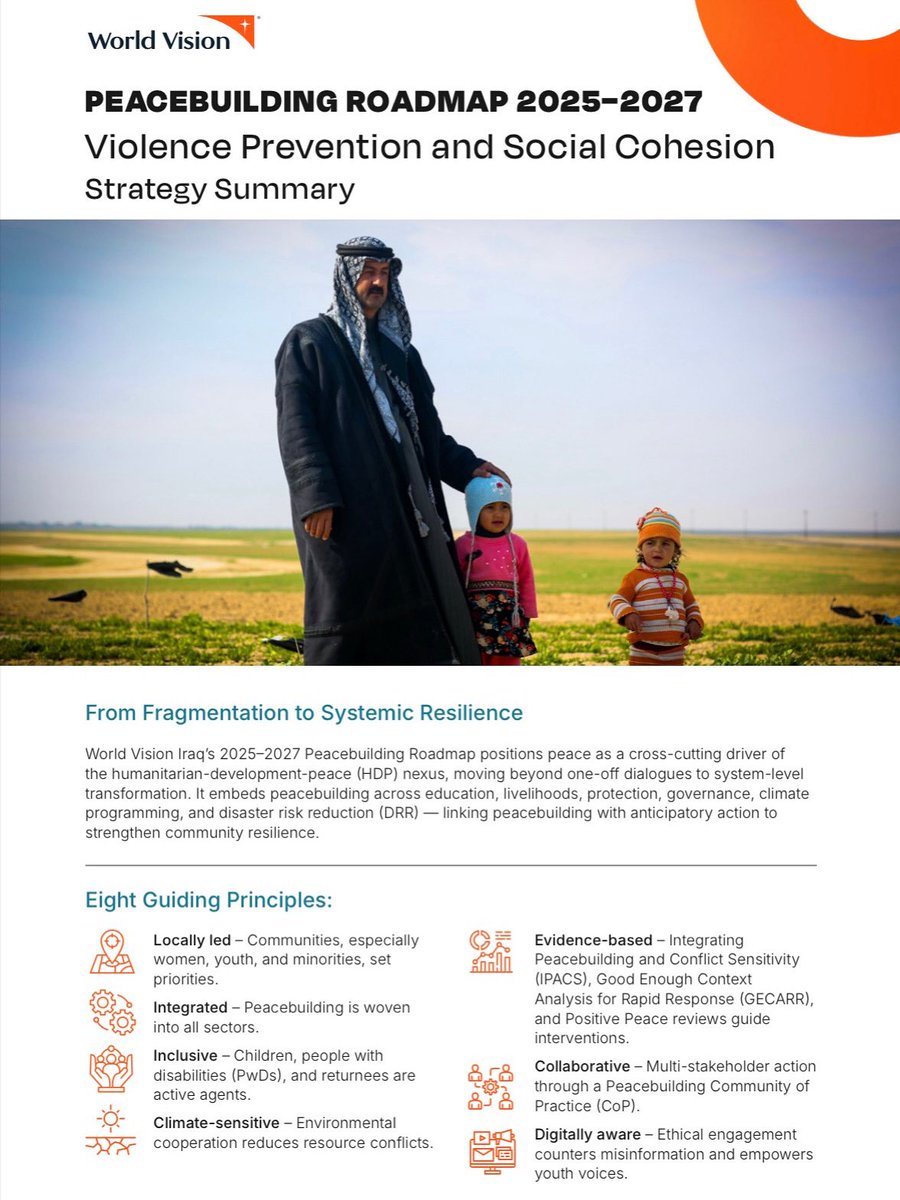 World Vision Iraq’s 2025–2027 Peacebuilding Roadmap embeds peace across education, livelihoods, protection, governance, climate, and DRR—linking peacebuilding with anticipatory action to strengthen resilience and drive lasting change. 

Read more here: wvi.org/publications/d…