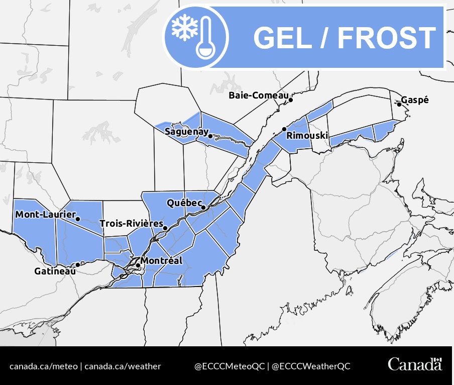 ECCCWeatherQC's tweet image. 🌡️❄️ Frost advisories have been issued for multiple areas across Quebec.
Temperatures will drop close to the freezing mark overnight tonight.
For more information: ow.ly/6apC50X50eW
#QCstorm
