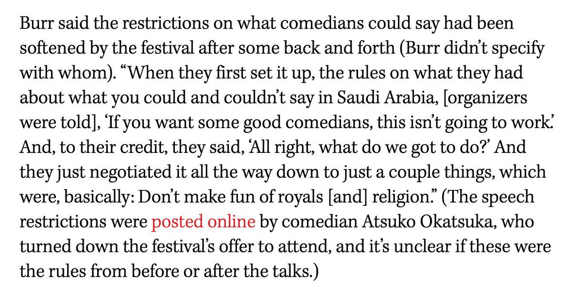 This is such nonsense from Bill Burr. “The royals loved the show." Yeah, buddy, that's because you didn't perform any material that challenged the Saudi government or its censorship! 

And he tries to spin a ban on CRITICIZING THE GOVERNMENT as "softened" rules. Give me a break.