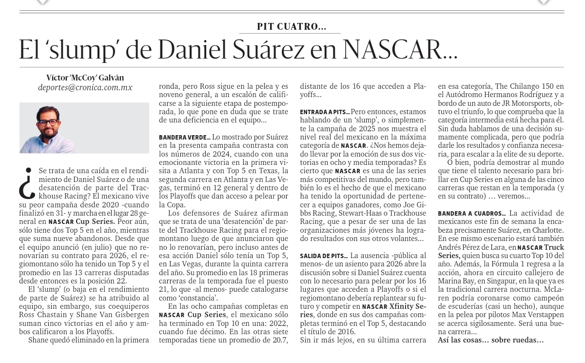 Miércoles de mi columna #PitCuatro en <a href="/LaCronicaDeHoy/">La Crónica de Hoy</a>... Hablemos del slump de Daniel Suárez en #NASCARCup. ¿Es momento de voltear a otros horizontes? Ahí me cuentan...