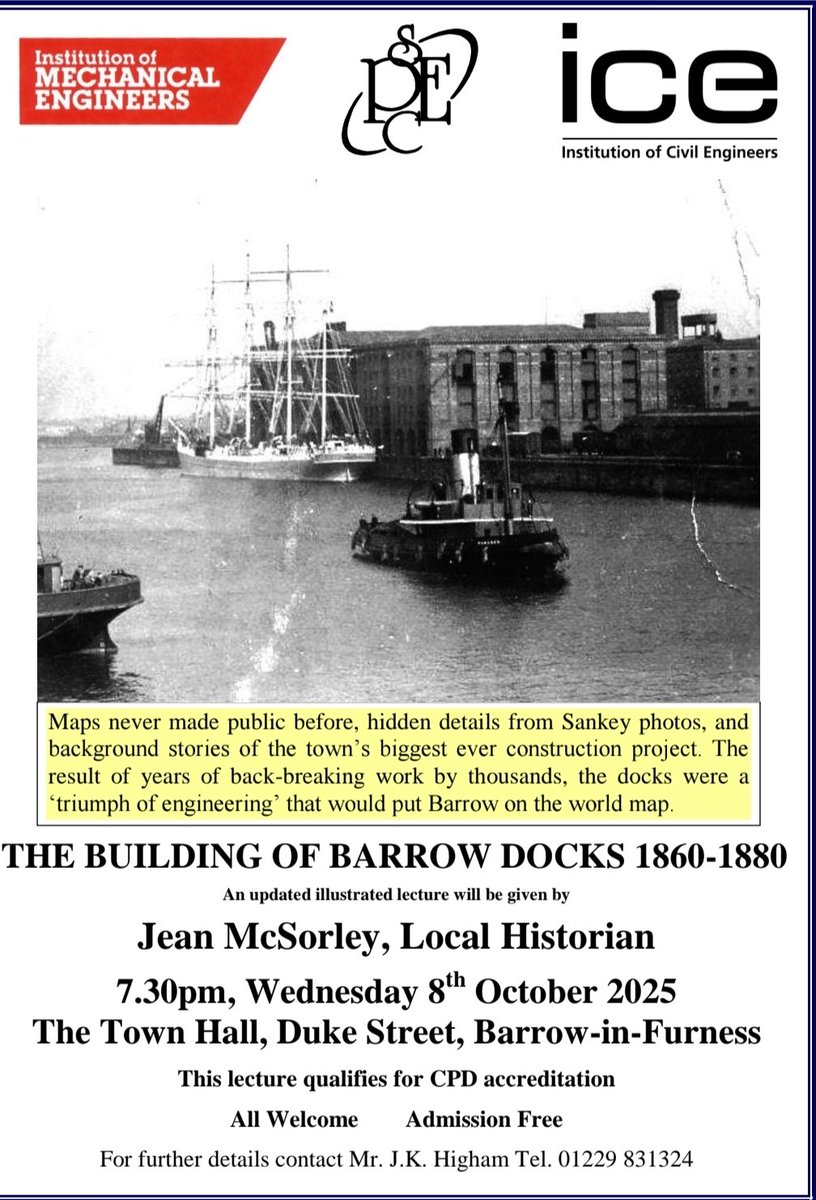 All are welcome to our next PESC talk at Barrow Town Hall on Wednesday 8th of October "THE BUILDING OF BARROW DOCKS 1860-1880" provided by Jean McSorley, Local Historian

To register please use the link below:
localevents.theiet.org/register.php?e…