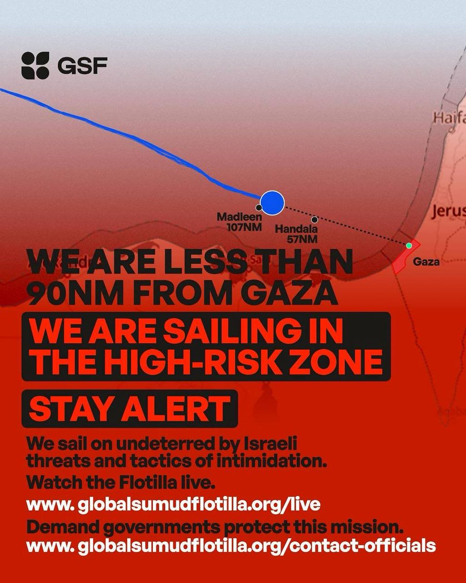 🇵🇸⛵️COMUNICACIÓN DESDE LA FLOTILLA:

Tras una noche de tácticas de intimidación por parte del ejército israelí, podemos confirmar que todas las personas que participan en nuestra Flotilla mantuvieron la calma y siguieron todos los protocolos de seguridad.

Nuestra resiliencia y