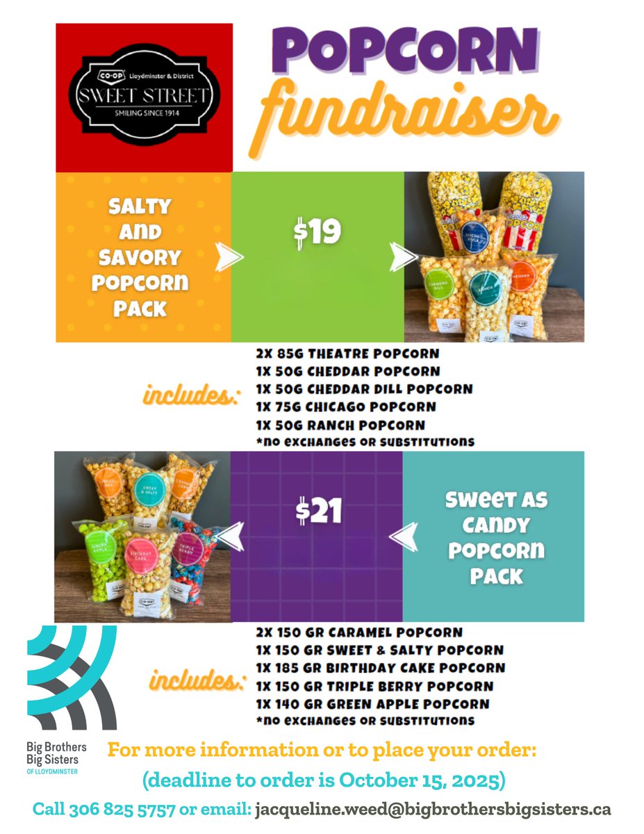 We are very excited to announce our BIG POPCORN fundraiser in partnership with Lloydminster Co-op from October 1 - 15.

Call our office if you have any questions or to order or email jacqueline.weed@bigbrothersbigsisters.ca.
