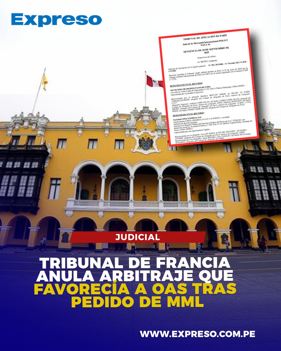 🔵⚪ La justicia de Francia decidió revocar la orden de cierre dictada el 4 de marzo de 2025 y dispuso la reapertura de las deliberaciones en el arbitraje que Lima Expresa había ganado a la Municipalidad de Lima en 2020.

📸 Foto: Difusión.

📲 Lee la nota completa aquí: