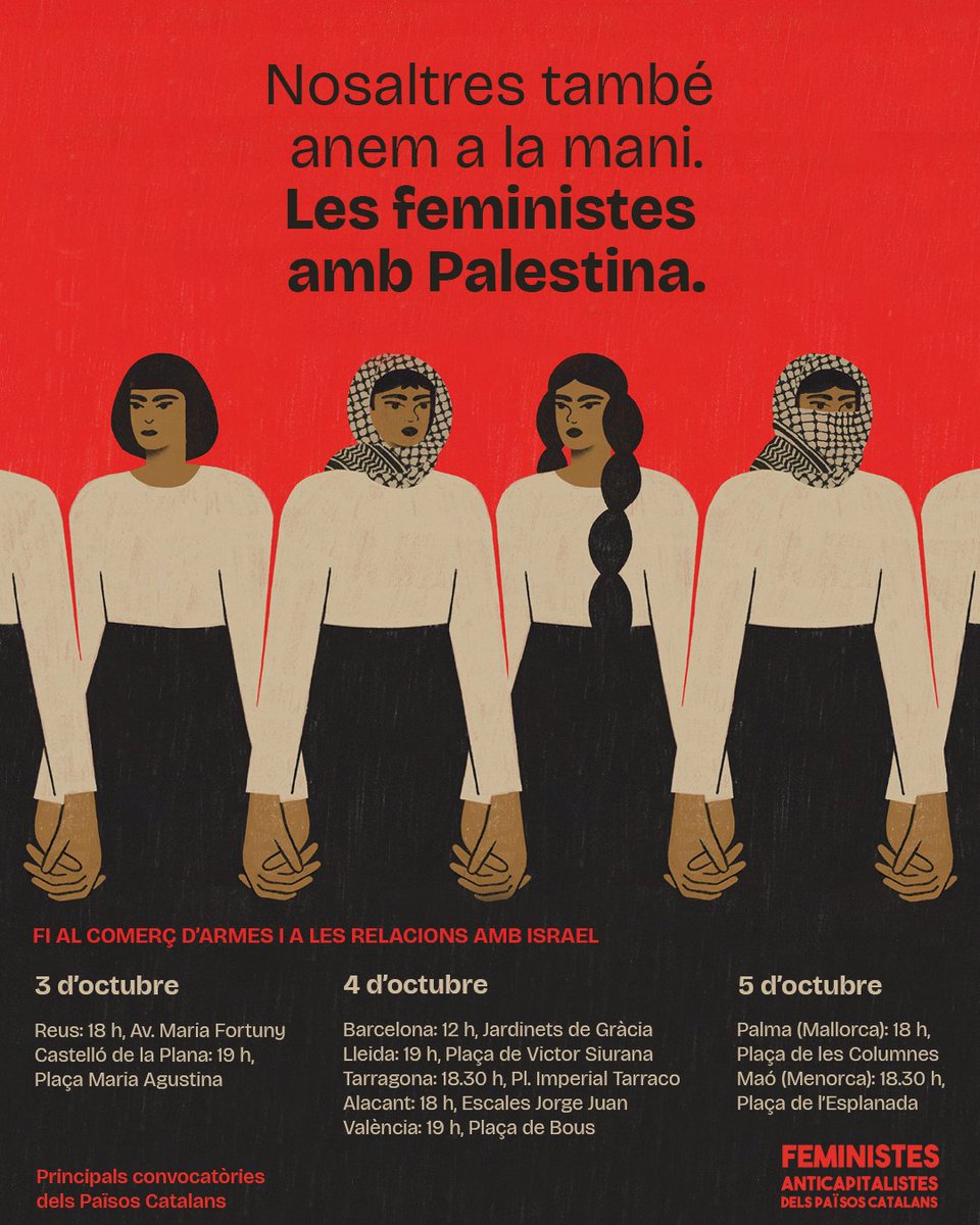 🇵🇸✊ La causa de Palestina és la causa de la humanitat. Les feministes ho tenim clar: hem de sortir al carrer fins posar fi a aquest genocidi. No pararem de denunciar l’estat feixista d’Israel i tots els seus còmplices.