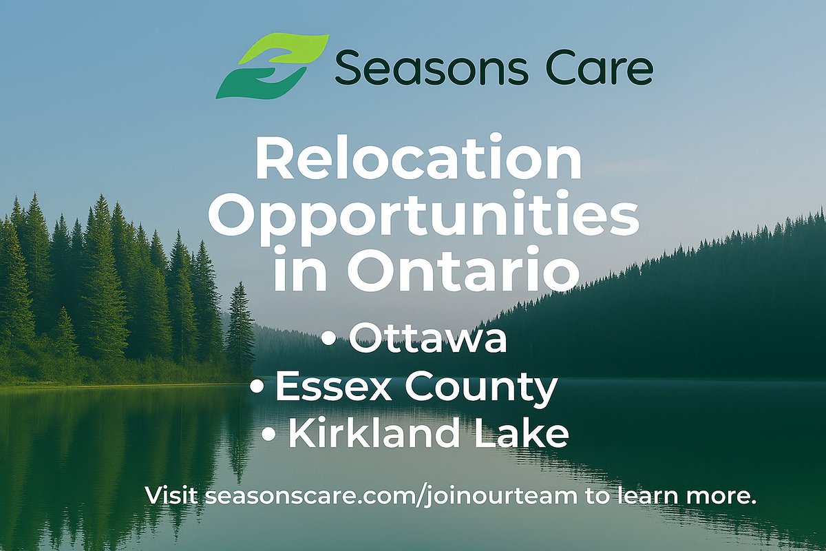Registered Dietitians—Ready to relocate? 
Seasons Care has exciting opportunities in:
📍 Ottawa 
📍 Essex County 
📍 Kirkland Lake
City buzz, lakeside calm, or small-town charm—we’ve got a role for you!
💼 More openings: seasonscare.com/joinourteam
 #SeasonsCare