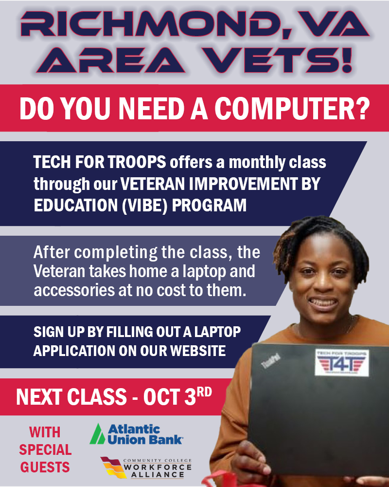 TechForTroopsVA's tweet image. Richmond, VA Veterans. Our next VIBE Program class is right around the corner! 
Attend for FREE and leave with:
✅ New knowledge✅ A laptop + accessories
📅 Friday, Oct 3rd✨ With Atlantic Union Bank & CCWA
👉 Apply now: techfortroops.org/vipla/
#Veterans #VIBEProgram #RichmondVA