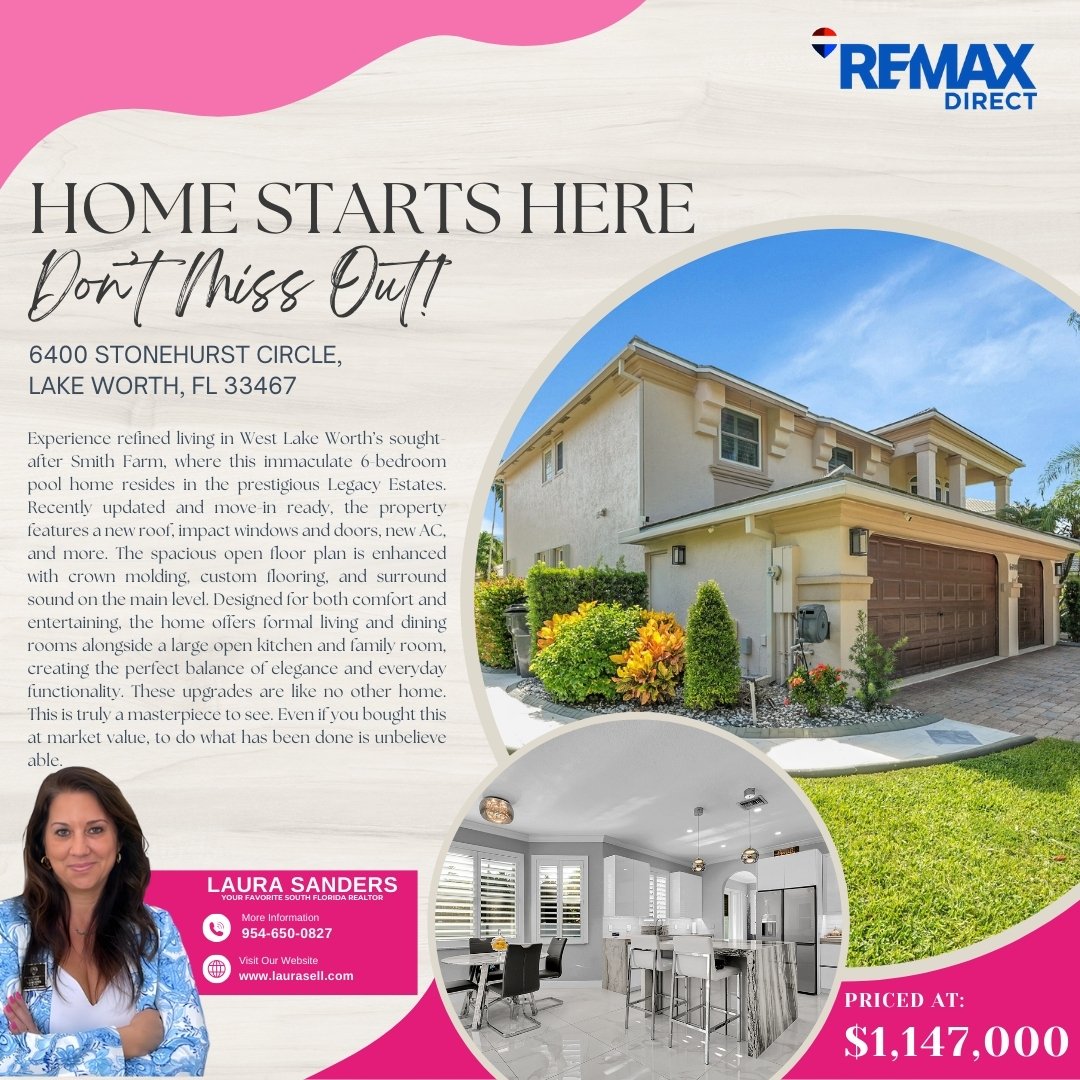 laurasellsflcom's tweet image. 🔑 Luxury, Lifestyle &amp;amp; Legacy Estates Living!

✨ FOR SALE – $1,147,000 ✨
📍 6400 Stonehurst Circle, Lake Worth, FL 33467

📞 Call Laura Sanders – 954-650-0827 today to schedule a private showing and see it for yourself!

#LakeWorthLuxury #LegacyEstates #SmithFarmLiving
