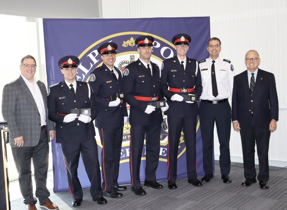 We were honoured this morning to have Solicitor General Michael Kerzner and Mayor Cam Guthrie join us to welcome our four newest officers. Congratulations and welcome aboard Constables DiPaolo, Lattanville, Pedersen and Safranyos! #Guelph
