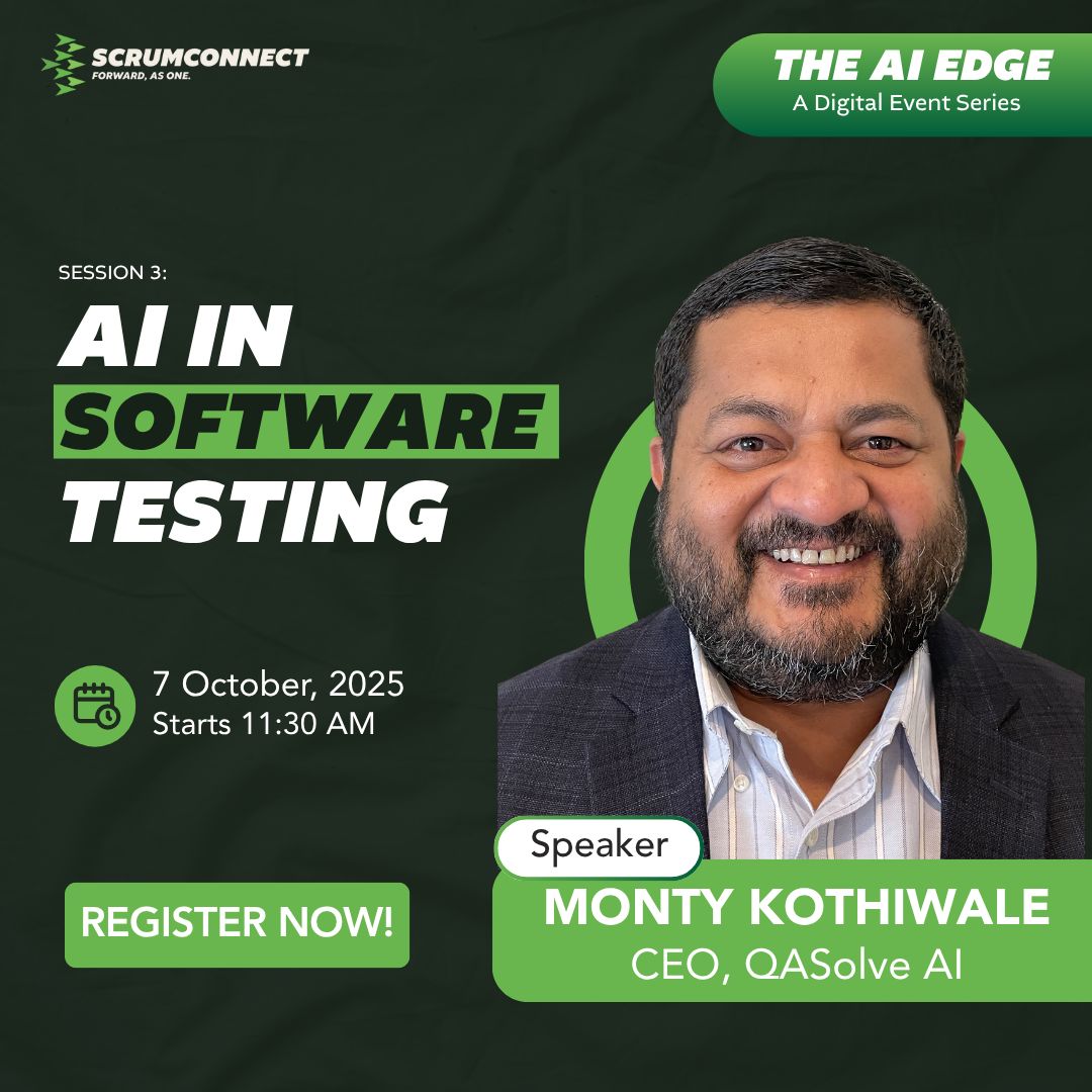 Join Monty Kothiwale, CEO of QASolve AI, on 7 Oct at 11:30 AM for our AI Edge Series: AI in Software Testing. Learn how to adopt AI in QA, avoid pitfalls, ensure reliable results, and prove ROI. 

Register: linkedin.com/events/7379095… 

#SoftwareTesting #TheAIEdge #QA #Scrumconnect