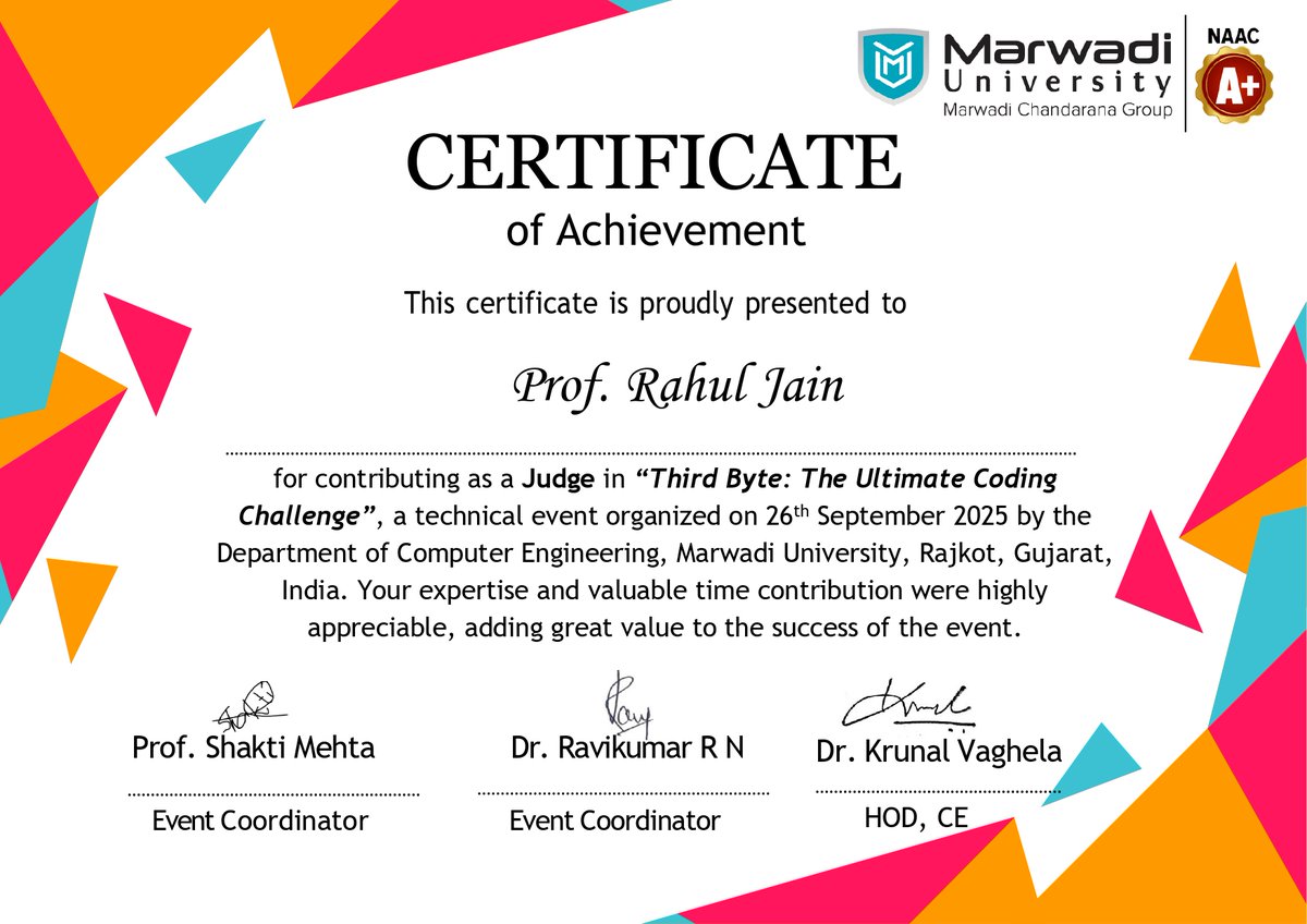 prof_rahul_jain's tweet image. Honored to serve as a Judge at “Third Byte: The Ultimate Coding Challenge” organized by the Department of Computer Engineering, Marwadi University, Rajkot, Gujarat, on 26th September 2025.
#Gratitude #CodingChallenge #Innovation #Mentorship #MarwadiUniversity 1/3