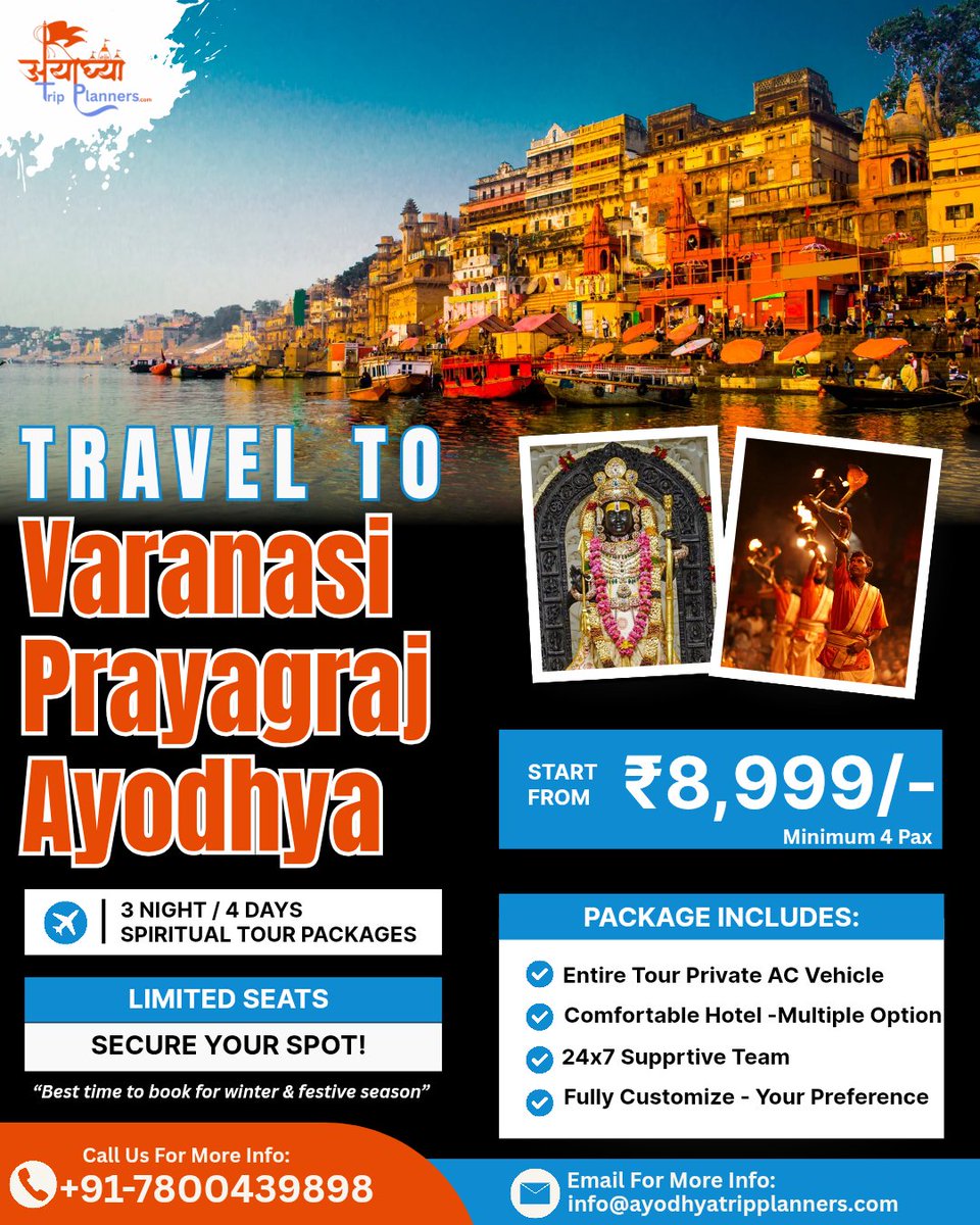 TripAyodhya's tweet photo. Experience Peace, Sukoon &amp; Moksha ✨
Travel to Varanasi – Prayagraj – Ayodhya 
Shri Ram Mandir Darshan – Ayodhya
Subah-e-Banaras &amp; Evening Ganga Aarti 
Triveni Sangam – Prayagraj 

📍 Perfect for Diwali, Dev Deepawali &amp; Festive Season
🌐 https://t.co/HZCOQKwtdn
📞 +91-7800439898 https://t.co/YA9QSaHArJ