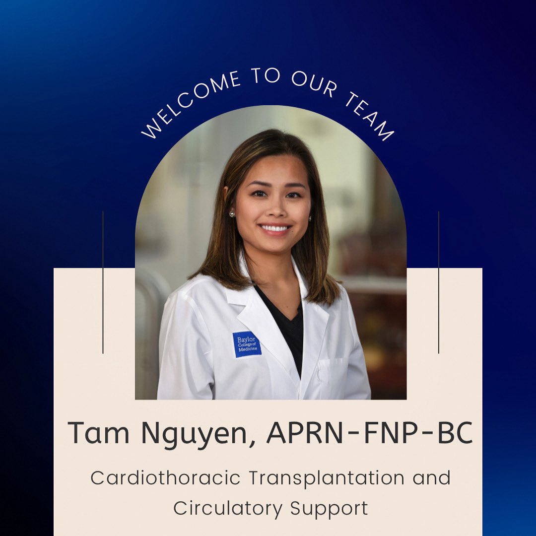 BCMSurgAPP's tweet photo. Welcome to the newest APP to @BCM_Surgery, joining the Cardiothoracic Transplantation and Circulatory Support team at @VAHouston https://t.co/T9jS3FOIM7