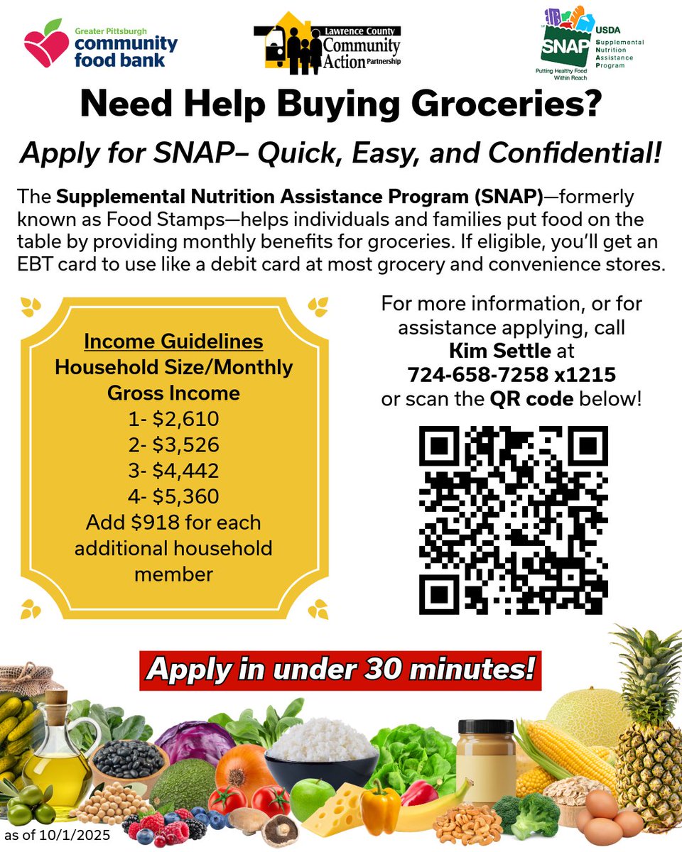 LawCountyCAP's tweet image. 📢New SNAP Guidelines Are Here!

Starting Oct 1, 2025, SNAP has updated income limits—more families may now qualify for help buying groceries!

📞Call Kim at 724-658-7258 x1215 for help

#SNAPUpdate #FoodHelp #LCCAP #CommunitySupport #EBT #NutritionSupport
