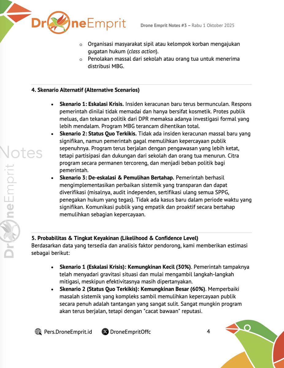 Analisis Intelijen Estimatif Berdasarkan Model CIA-Style Sherman Kent

Krisis Kepercayaan Publik Terhadap Program Makan Bergizi Gratis (MBG)

Executive Summary

Program Makan Bergizi Gratis (MBG) menghadapi krisis kepercayaan publik yang parah dan meluas, dipicu oleh serangkaian