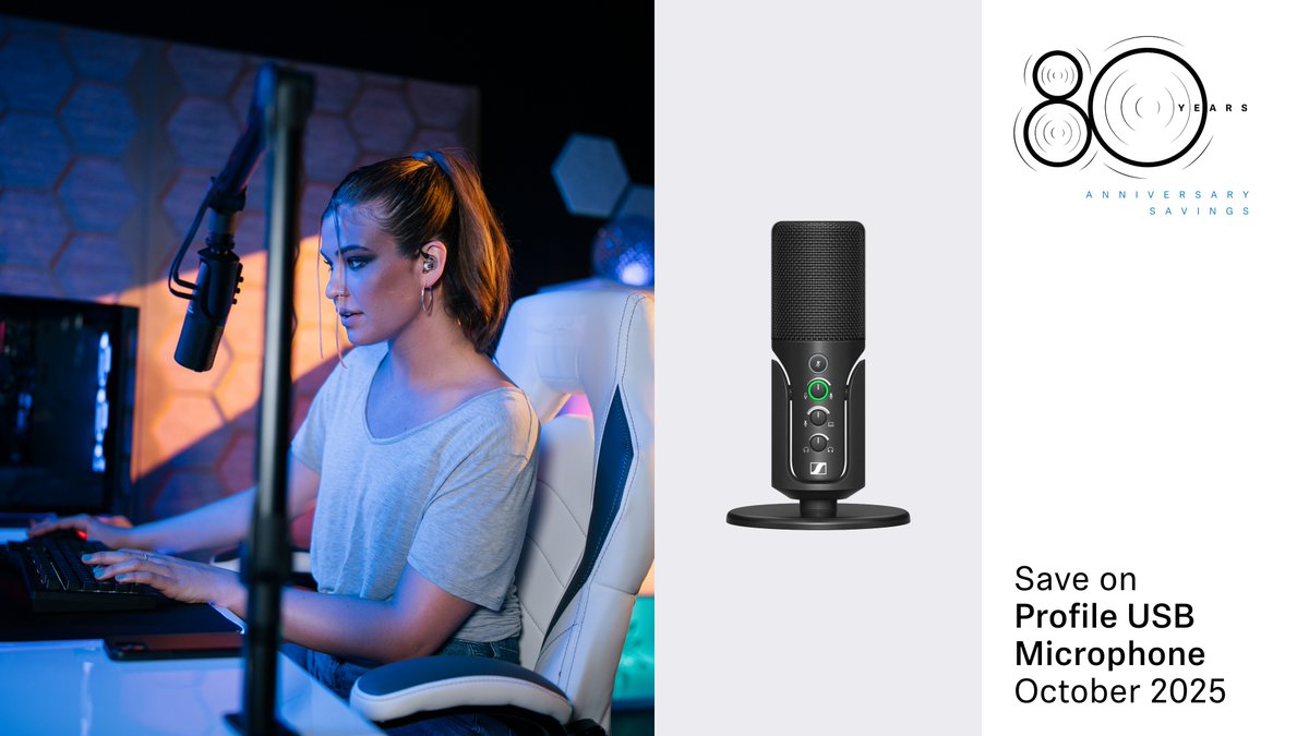 Sennheiser's tweet photo. Celebrate 80 years of sound with our Profile USB mic on sale this month only 🎉 Crafted for creators, streamers & storytellers.
⭐ Visit your preferred local dealer for exclusive promo pricing.
#TrueSound #Sennheiser80Years #FutureOfAudio #ProfileMic https://t.co/5YpYUNvzgN