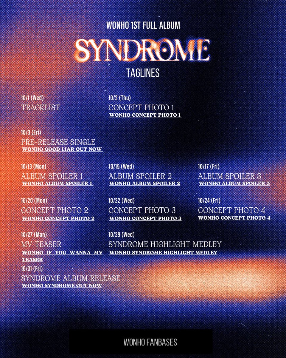 [NOTICE - SYNDROME - WONHO]

#WENEEs, to celebrate #WONHO's 1st Full Album, Wonho Fanbases have prepared these taglines to add to the hashtags used by the official account:

Tagline are mentioned in the below image 

Start using it from 2nd Oct from  6 PM KST as the 1st CONCEPT