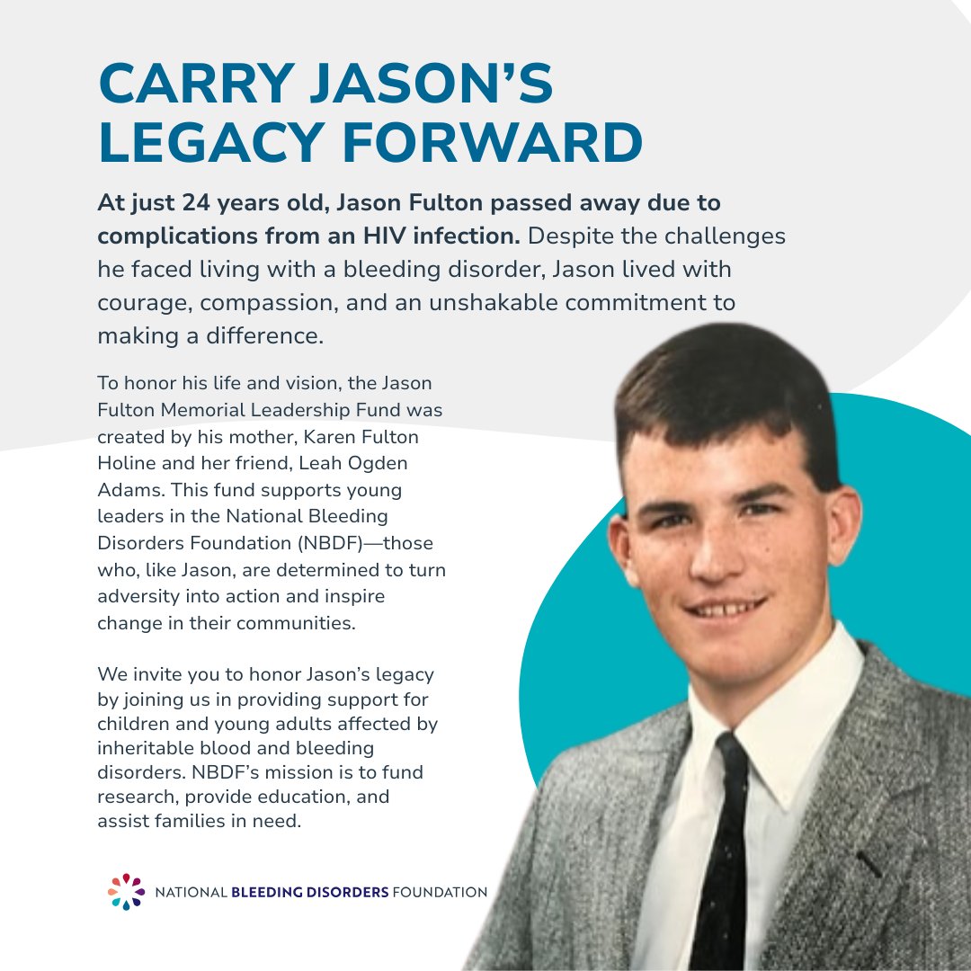 nbd_foundation's tweet photo. After Jason’s passing at just 24 years of age, the Jason Fulton Memorial Leadership Fund was created to help young people through our NYLI program.
 
✨ Honor Jason’s legacy and birthday by donating today!
https://t.co/oB98w5GfEP
 
#BleedingDisorders #JasonFulton #NBDF https://t.co/gzwLN1k7Qy