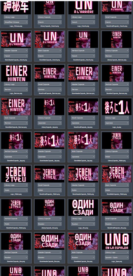 JingoGames's tweet photo. I went through and got all the translated key arts set up for ONE IN THE BACK. I'm going off loose translations and google translate, so if anything seems weird here, let me know😅 #Indiedev #LanguageLearning  #Steam https://t.co/kiPcxYeTHM