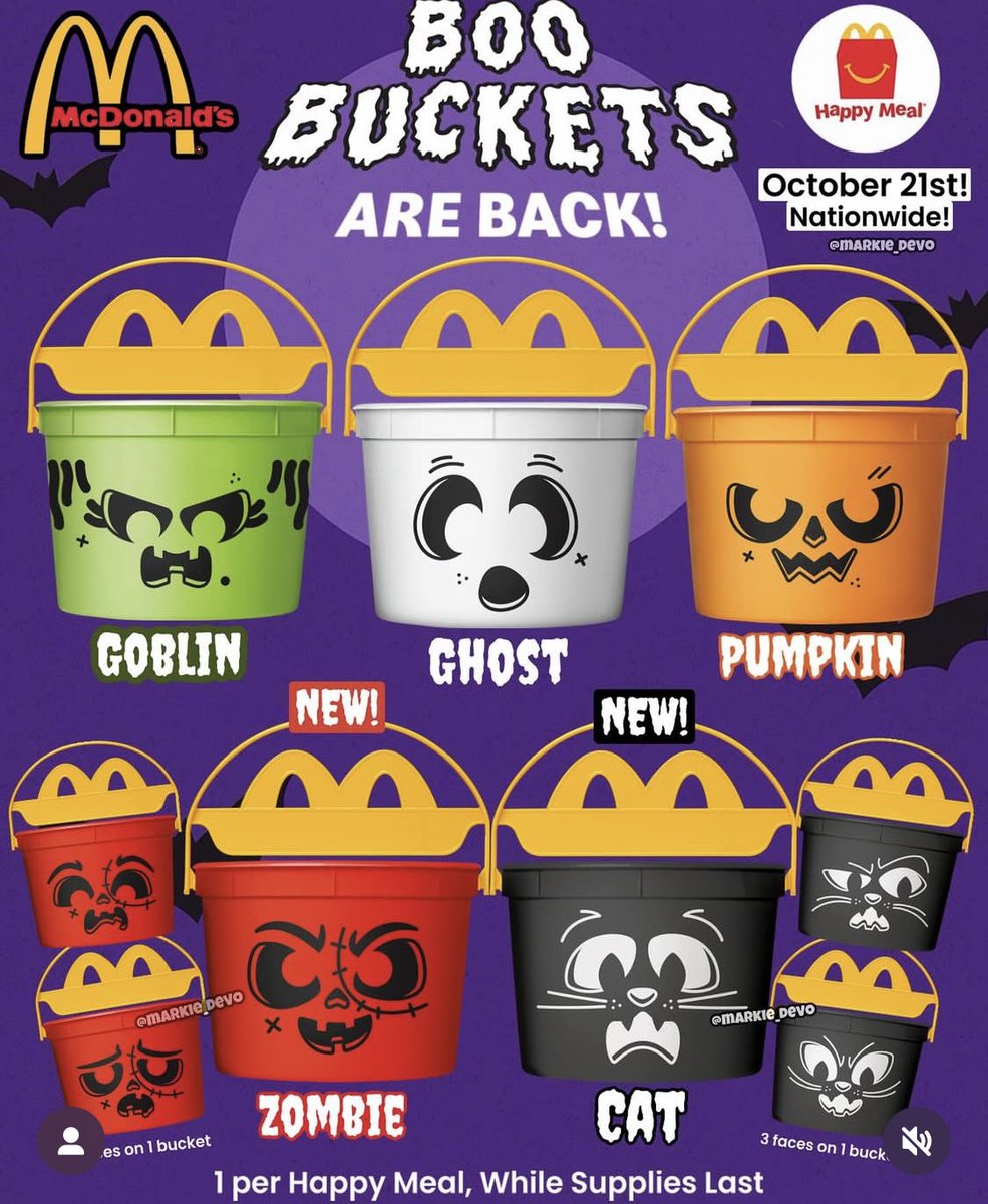 Aaaaaand they’re back! (soon). McDonalds Boo Buckets are returning 10/21. I’m
gonna be needing that cat one. (source: <a href="/markie_devo/">Markie Devo</a>)