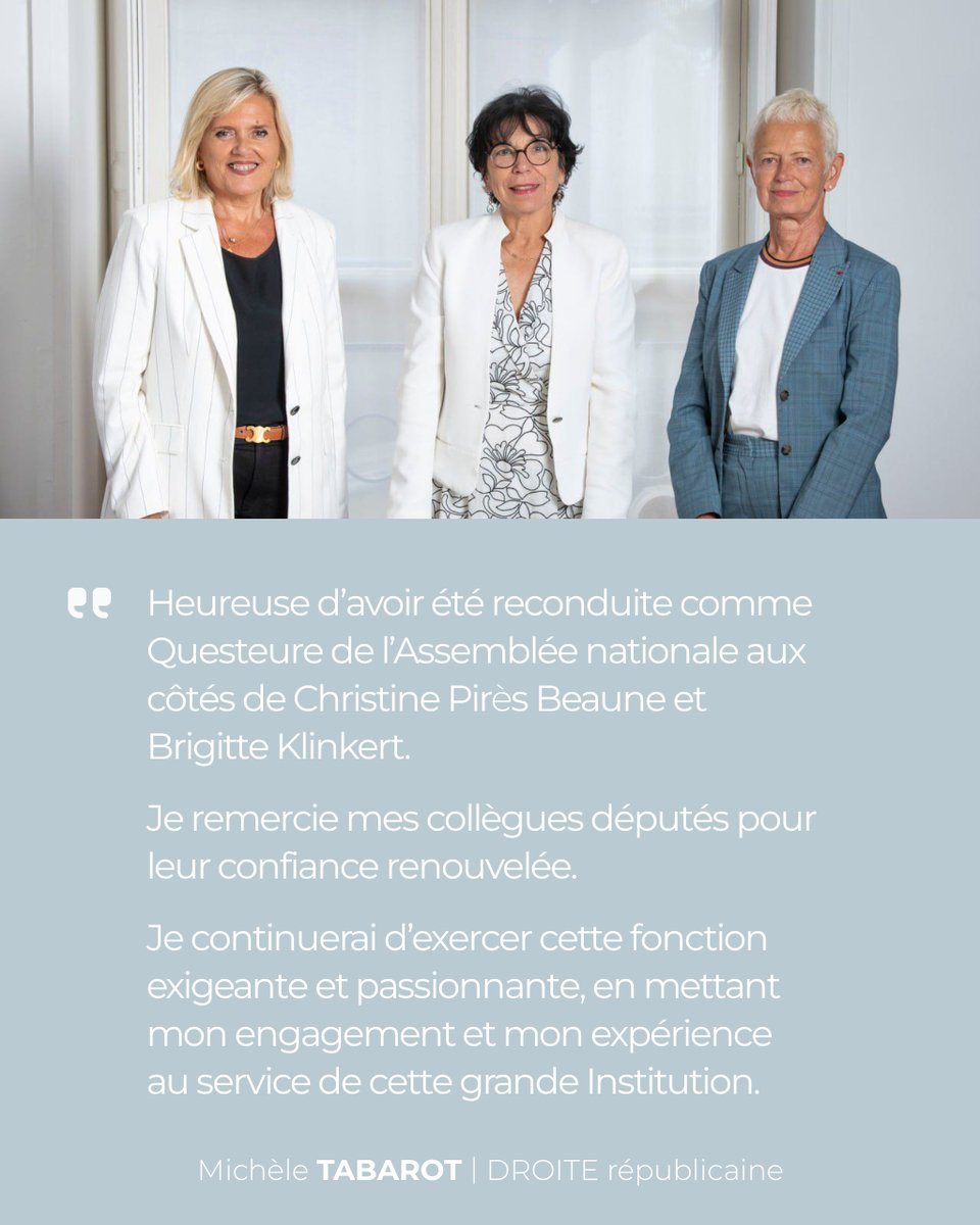 MTabarot's tweet photo. Heureuse d’avoir été reconduite questeure aux côtés de @cpiresbeaune et @KlinkertBrigitt. Je remercie mes collègues pour leur confiance renouvelée. Je continuerai d’exercer cette fonction exigeante et passionnante, en mettant mon expérience au service de cette grande institution https://t.co/HGVGSC9z0V
