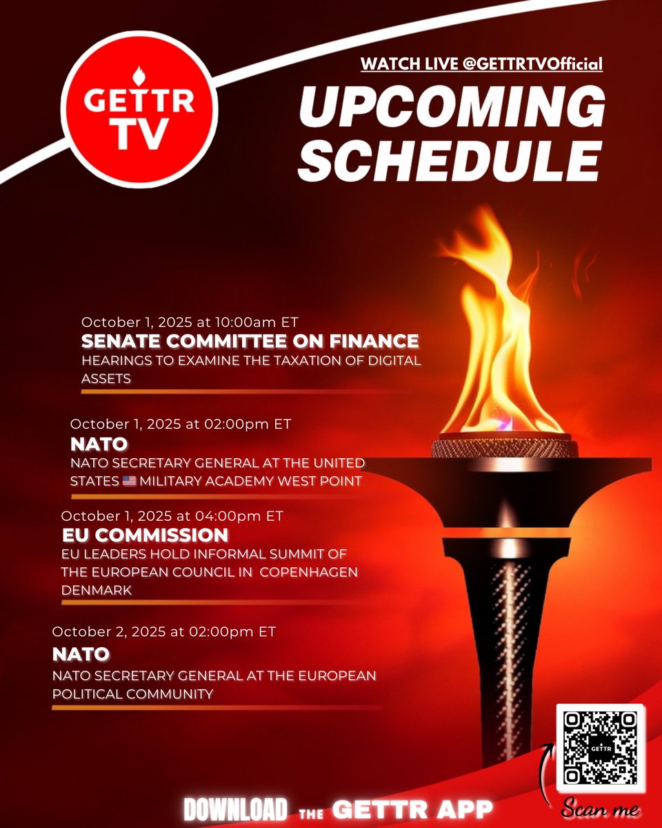GETTRofficial's tweet photo. 📺 GETTRTV | Upcoming lineup
🔍 Digital Assets Under the Microscope
Congressional hearings kick off to examine how crypto, NFTs, and tokenized assets should be taxed. Who defines value in the digital age—and who gets to claim it?
🎖️ NATO Secretary General at West Point | 25 SEP
Strategic clarity meets military tradition. A landmark address on transatlantic defense, deterrence, and the future of allied readiness.
🇩🇰 EU Leaders Convene in Denmark
An informal summit of the European Council tackles industrial resilience, migration, and the evolving security landscape.
🌐 NATO Secretary General at the European Political Community | 02 OCT
From drone walls to defense funding, the Secretary General joins EPC leaders to chart Europe’s collective response to hybrid threats.
📺Stay tuned. Only on GETTR.