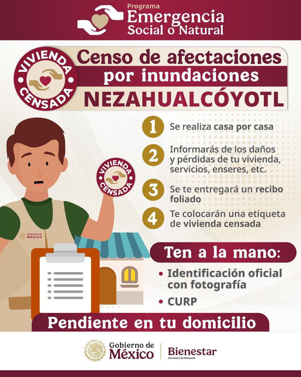 A_MontielR's tweet photo. En la #MañaneraDelPueblo de la presidenta @Claudiashein, informé sobre la implementación del #CensoBienestar casa por casa para registrar daños en viviendas, servicios y enseres del programa de #EmergenciaSocial, ante las afectaciones por las lluvias en colonias de #Nezahualcóyotl y #LosReyesLaPaz, #Edomex.

Las familias censadas recibirán un primer apoyo de 8 mil pesos para la limpieza.

@delfinagomeza @Efrainmoralesl @Adolfo_Cerqueda
#HumanismoMexicano
#PrimeroLosPobres