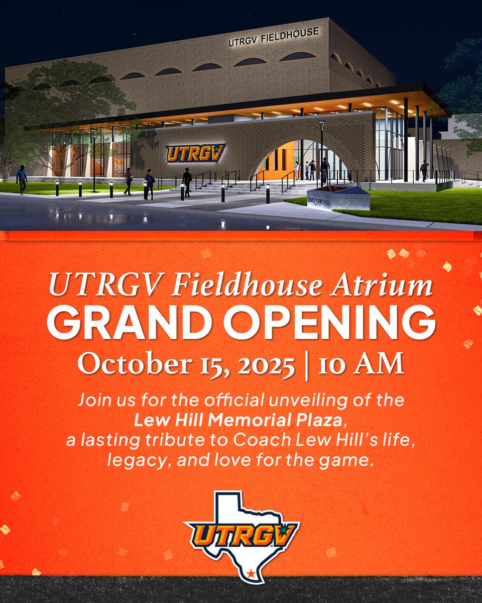 You're Invited! 🎉Join us at 10 AM on October 15 for the Grand Opening of the UTRGV Fieldhouse Atrium! ✌️

#UTRGV #RallyTheValley
