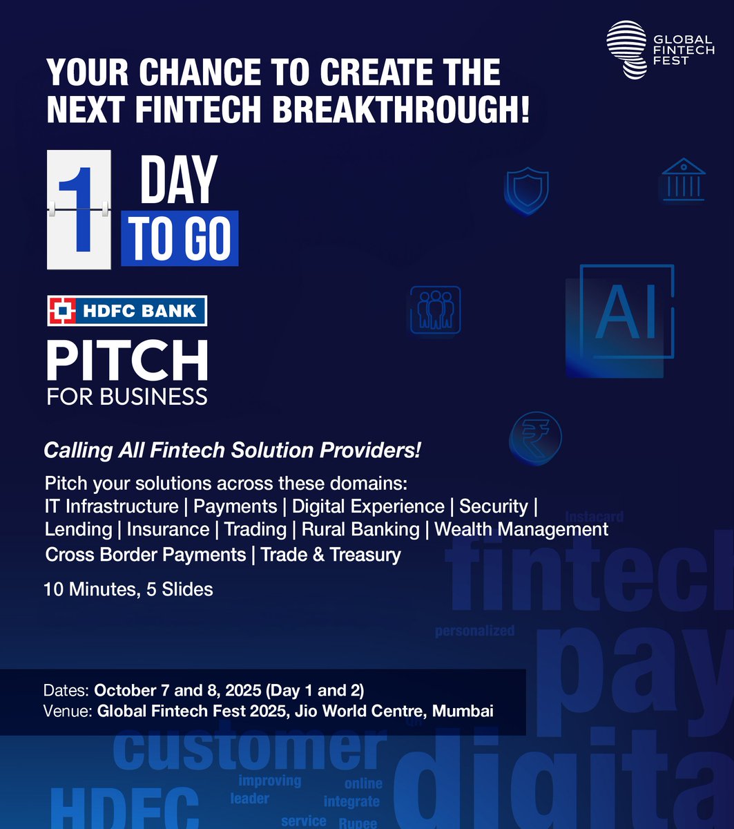 HDFC_Bank's tweet image. Only 24 hours left to apply for HDFC Bank Pitch for Business where we’re calling startups, innovators, and changemakers to showcase solutions that can transform the future of banking and beyond.

This is not just an opportunity to present your business solution but also an…