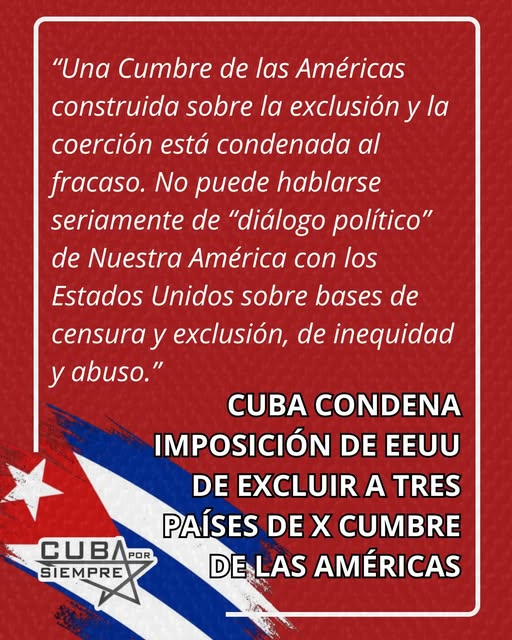 <a href="/EVilluendasC/">Enrique Villuendas</a> <a href="/agnes_becerra/">Agnes Becerra</a> <a href="/AdrianaRojasQba/">Adriana</a> <a href="/ShadowsOfGreys/">Greys Gómez</a> <a href="/CedenoPazo/">Lianet Pazo Cedeño</a> <a href="/CubanaLidice/">Lídice Cienfuegos Cuba🇨🇺🇨🇺</a> <a href="/L0renaGM/">Lorena 🇨🇺🇵🇸</a> <a href="/AriagnaPavonG/">☭Ariagna Pavón Guerrero🌻❤️🇨🇺</a> <a href="/AmarisAylaQba/">🌼𝓐𝓶𝓪𝓻𝓲𝓼 𝓐𝔂𝓵𝓪 🔻🇨🇺🇻🇪🇸🇻</a> <a href="/yordanyhabana/">𝐘𝐨𝐫𝐝𝐚𝐧𝐲𝐇𝐚𝐛𝐚𝐧𝐚 🇨🇺🇻🇪🇳🇮🇵🇸</a> <a href="/AlmaguerPerdomo/">Emilio Almaguer Perdomo</a> #Cuba🇨🇺 reafirma la disposición “al diálogo respetuoso y constructivo, en condiciones de igualdad soberana y sin exclusiones”, remarcando que una Cumbre construida sobre la exclusión y la coerción está condenada al fracaso.#UOCuba🇨🇺#OrgulloUO🇨🇺