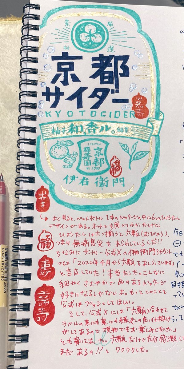 s9_0u's tweet photo. 京都サイダーのパッケージが素敵で、イラストに描いていたら6つの瓢箪に気づいた。これなんだ！？と思ってたら無病息災の縁起物なんですね！
謎が解けた！ https://t.co/xtvTeq9otg