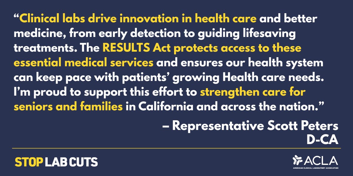 ACLAlabs's tweet image. Thank you to @RepScottPeters for championing the #RESULTSAct, critical legislation that will protect patient access to essential laboratory testing. Congress must act before the new year to #StopLabCuts: stoplabcuts.org.