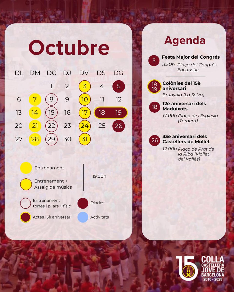 jovedebarcelona's tweet photo. Arrenca octubre. Penúltim mes de la temporada!! Toca tornar a apretar si volem acabar dalt de tot. #Vaaaa

#15anysJBCN #OrgullGrana #JBCN #castells https://t.co/jyWrJUcw4O