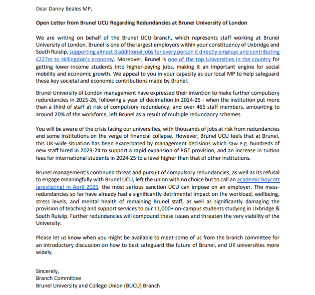 BrunelUCU's tweet photo. @Brunelucu have also written an open letter to the Labour MP for Uxbridge and South Ruislip to highlight compulsory redundancies, with an invite to discuss how to best safeguard the future of Brunel, and UK universities more widely 👇 @ucu https://t.co/L7ISuxjr55
