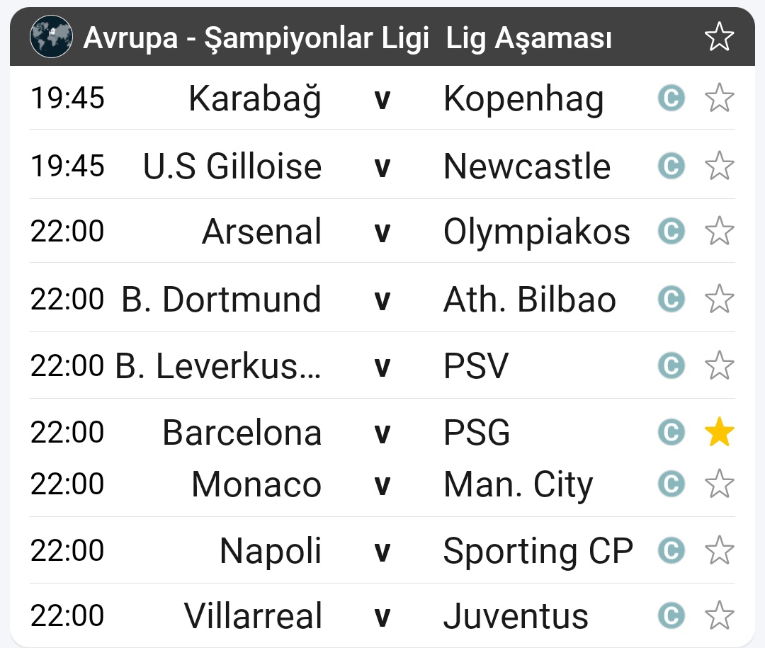 Karabağ (bir tık taraflı)
Newcastle
Arsenal
Dortmund
Leverkusen
Barça 4-2 veya 4-3
Man City
Berabere
Juve 1 farkla kazanır