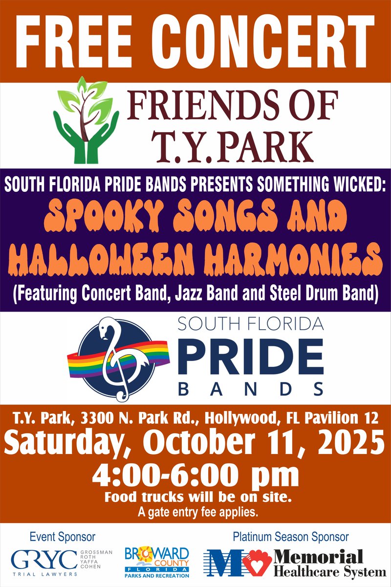 📅Mark your calendars for the next FREE concert hosted by the #FriendsofTYPark, on Saturday, October 11 from 4-6pm! Bring your lawn chairs and blankets as the South Florida Pride band presents spooky songs and Halloween harmonies! Gate fee of $3/vehicle(up to 8 occupants) applies