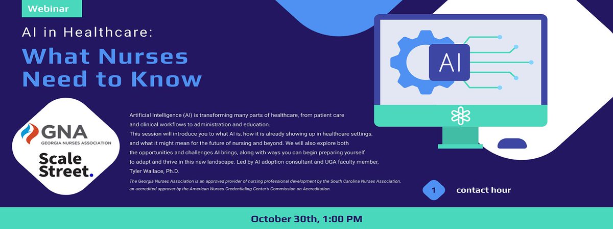 Led by AI adoption consultant and UGA faculty member, Tyler Wallace, Ph.D.

Register at georgianurses.nursingnetwork.com/nursing-events…

#GeorgiaNurses #AI