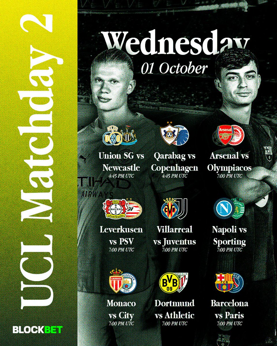 We go again. 😮‍💨

UCL Matchday 2 continues tonight, headlined by a huge matchup between Barcelona and reigning Champions PSG. 😈

Here's how the full schedule is looking. 🫰