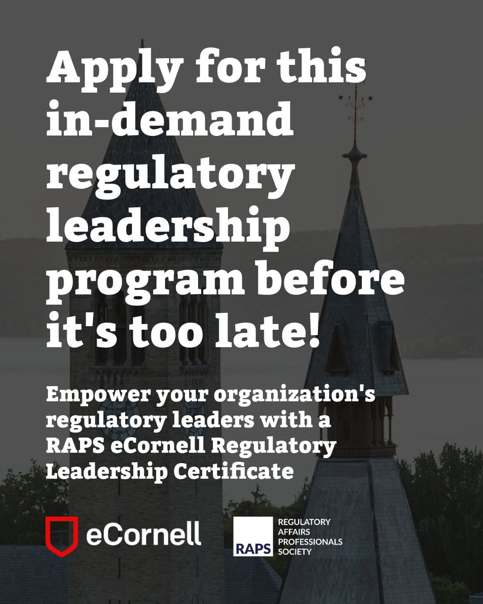 The deadline to apply for the RAPS eCornell Regulatory Leadership Certificate Program is almost here! 

RSVP today to secure your opportunity for leadership insights that really matter: hubs.la/Q03HNjL_0