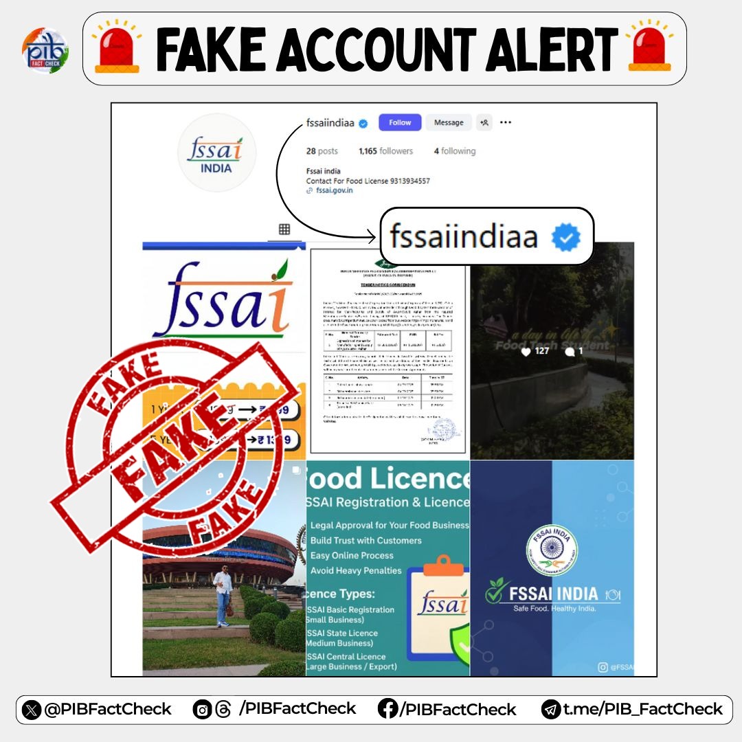 PIBFactCheck's tweet photo. Think you’re following FSSAI on Instagram❓
BEWARE‼️
A #fake account (fssaiindiaa) is pretending to be the official Food Safety and Standards Authority of India (@fssaiindia).
#PIBFactCheck:
▶️ The official Instagram account is https://t.co/5kCx9nUgyo
▶️ For authentic updates and info, visit FSSAI’s official website: https://t.co/TvWdeNu29Q
⚠️ Always verify accounts before following or sharing information online.