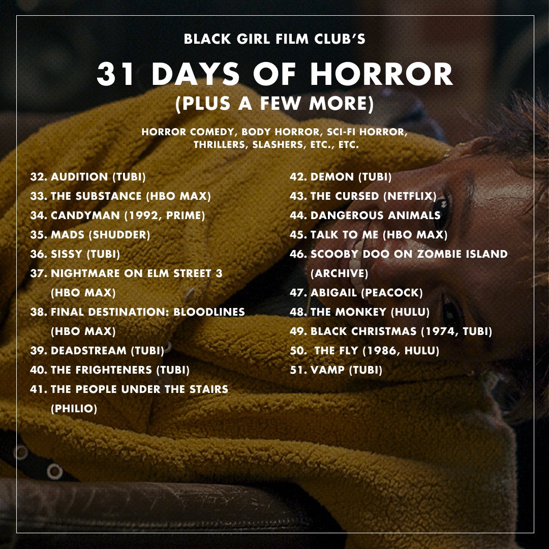 Happy holidays, listeners! 👻🎃

We've put together some of our fave movies for the season: 31 Days of Horror (plus a few more). Happy watching! 📼