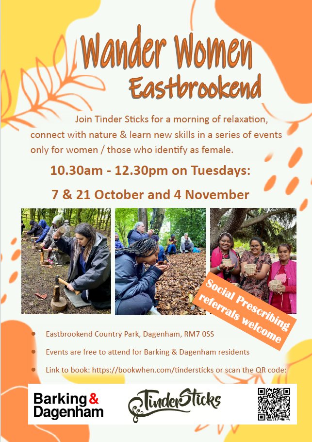 Hugely popular since the summer, these Wander Women Eastbrookend events are selling out fast! More dates added for the Autumn starting Tues 7th October - FREE for <a href="/lbbdcouncil/">Barking and Dagenham Council</a> residents. Book direct with TinderSticks here: bookwhen.com/tindersticks/e… #nature #connection #women
