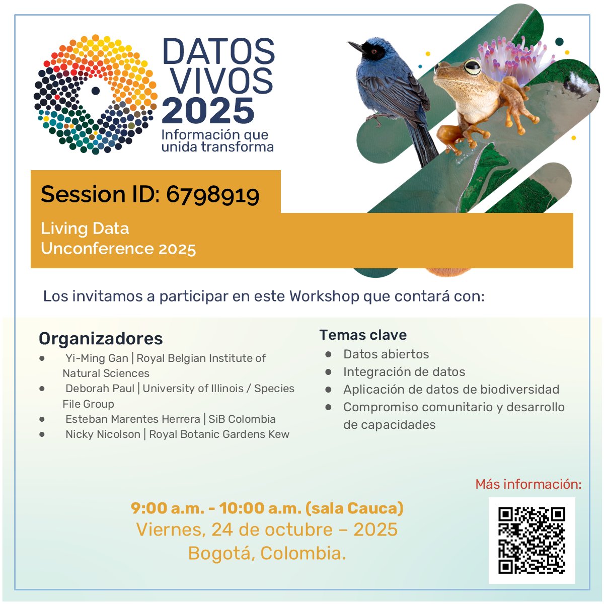 sibcolombia's tweet photo. 🚀 Ven a las sesiones que estamos organizando en #DatosVivos2025, el encuentro que reúne a las principales redes de datos sobre biodiversidad.

📍 Bogotá, Colombia
🗓️ 21-24 de octubre
➡ ️ En las imágenes encuentras la información para agendarte.

👉 https://t.co/FNIwBGDe24 https://t.co/ZukGUhvH96
