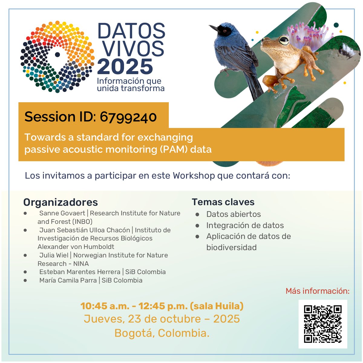sibcolombia's tweet photo. 🚀 Ven a las sesiones que estamos organizando en #DatosVivos2025, el encuentro que reúne a las principales redes de datos sobre biodiversidad.

📍 Bogotá, Colombia
🗓️ 21-24 de octubre
➡ ️ En las imágenes encuentras la información para agendarte.

👉 https://t.co/FNIwBGDe24 https://t.co/ZukGUhvH96