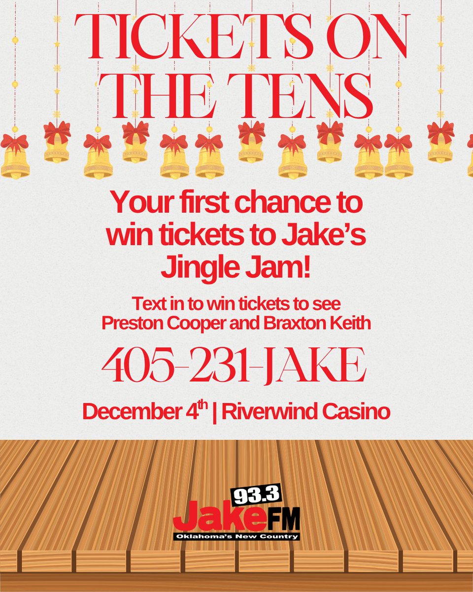 It's that time of year! Text in at 6:10, 7:10, 8:10, and 9:10 on Monday mornin' for your chance to snag tickets to Jake's Jingle Jam!🎙🔔